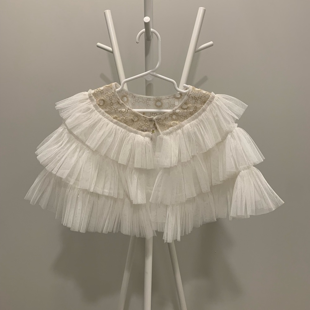 Little girls white tulle capelet with gold embroidery